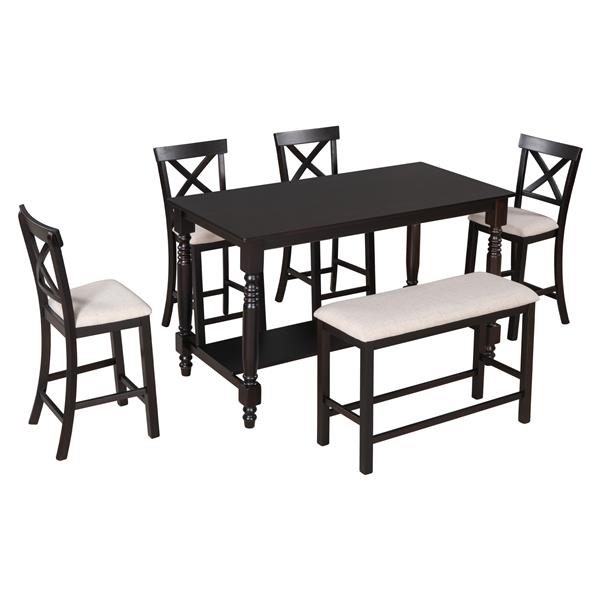 6-Piece Counter Height Dining Table Set Table with Shelf 4 Chairs and Bench for Dining Room (Espresso)