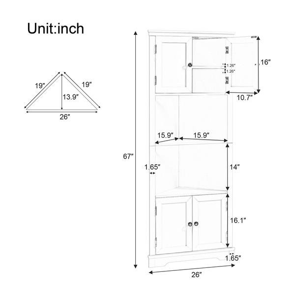 Tall Bathroom Storage Cabinet, Corner Cabinet with Doors and Adjustable Shelf, MDF Board, White