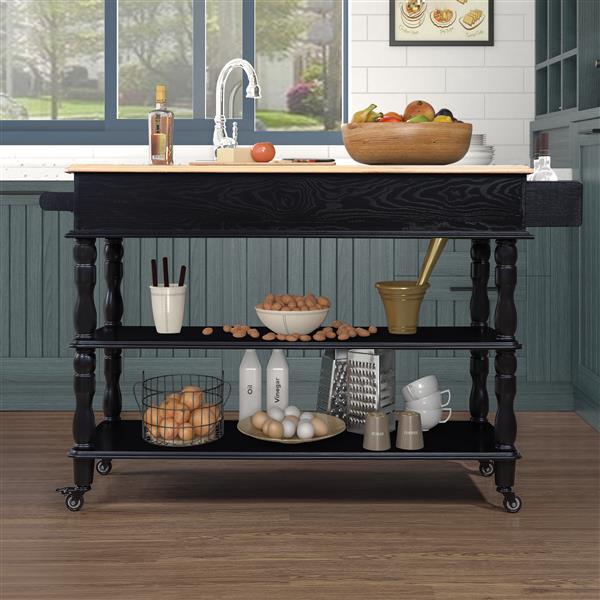 56 inch Rolling Kitchen Island with Storage,Kitchen Cart with Solid OAK Wood Top,Two-sided Kitchen island Cart on Wheels , Wine and Spice Rack, Large Kitchen Cart with 2 Drawers, Black+Natural Top