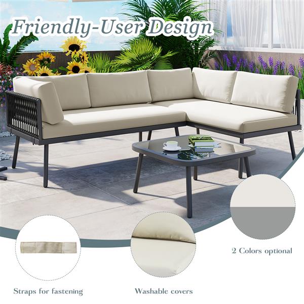 Modern Outdoor 3-Piece PE Rattan Sofa Set All Weather Patio Metal Sectional Furniture Set with Cushions and Glass Table for Backyard, Poolside, Garden,Black,L-Shaped