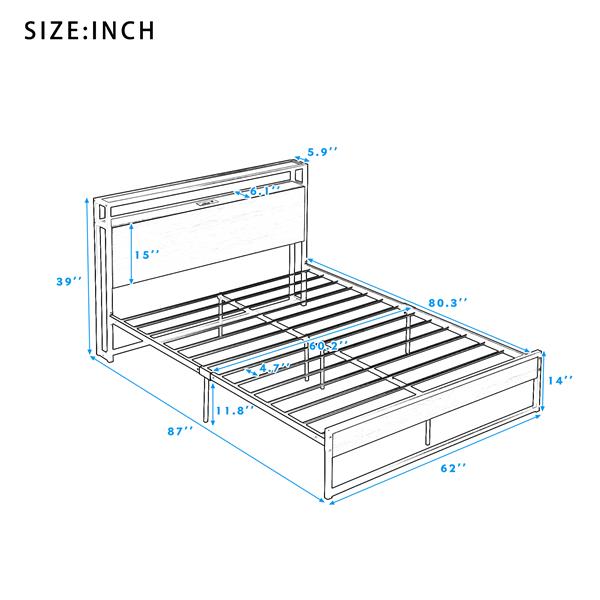 Queen Size Metal Platform Bed Frame with Sockets, USB Ports and Slat Support ,No Box Spring Needed White