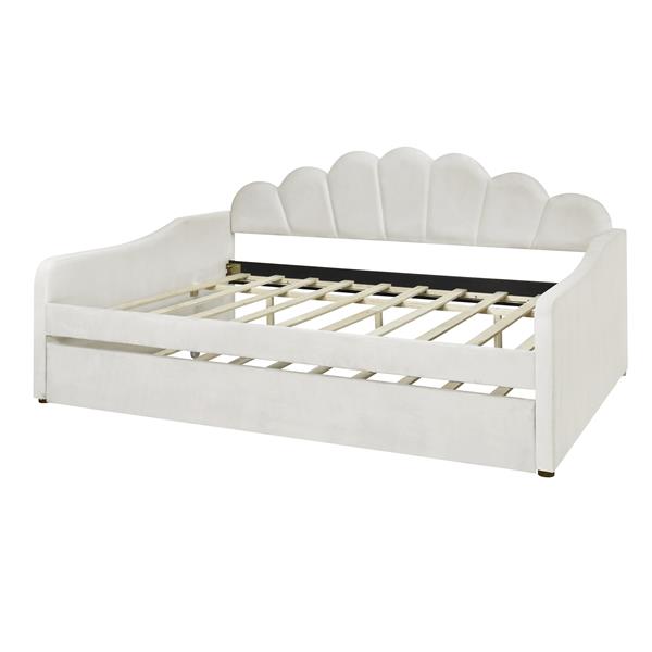 Full Size Upholstery Daybed Frame with Shall Shaped Backrest  and Trundle,White