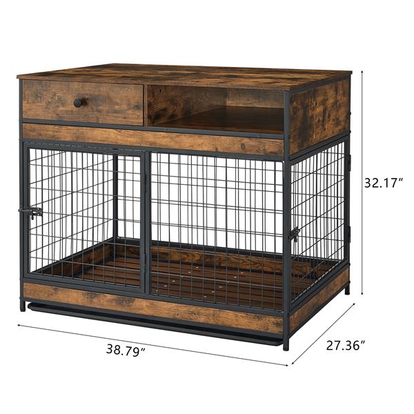 Furniture Dog Cage Crate with Double Doors. Antique Brown,38.78'' W x 27.36'' D x 32.17'' H.