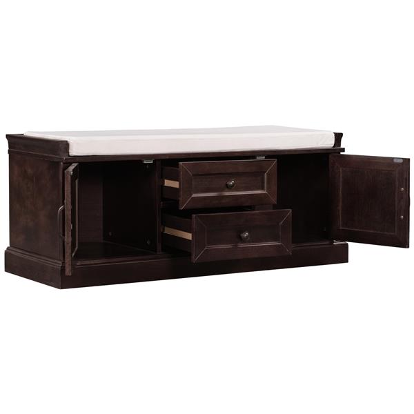 Storage Bench with 2 Drawers and 2 Cabinets, Shoe Bench with Removable Cushion for Living Room, Entryway (Espresso)