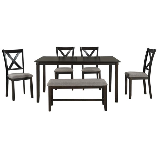 6-Piece Kitchen Dining Table Set Wooden Rectangular Dining Table, 4 Fabric Chairs and Bench Family Furniture (Espresso)