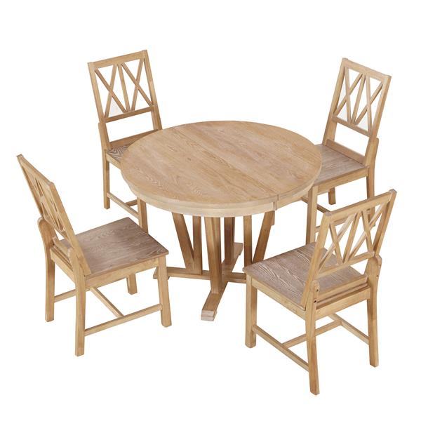 Rustic 5-Piece Extendable Dining Table Set Round Trestle Table and 4 Cross Back Dining Chairs for Kitchen, Dining Room, Natural