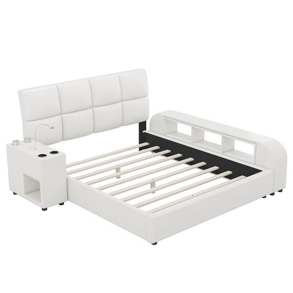 Queen Size Upholstered Platform Bed with Multimedia Nightstand and Storage Shelves, White