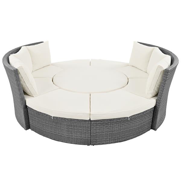 Patio 5-Piece Round Rattan Sectional Sofa Set All-Weather PE Wicker Sunbed Daybed with Round Liftable Table and Washable Cushions for Outdoor Backyard Poolside, Beige