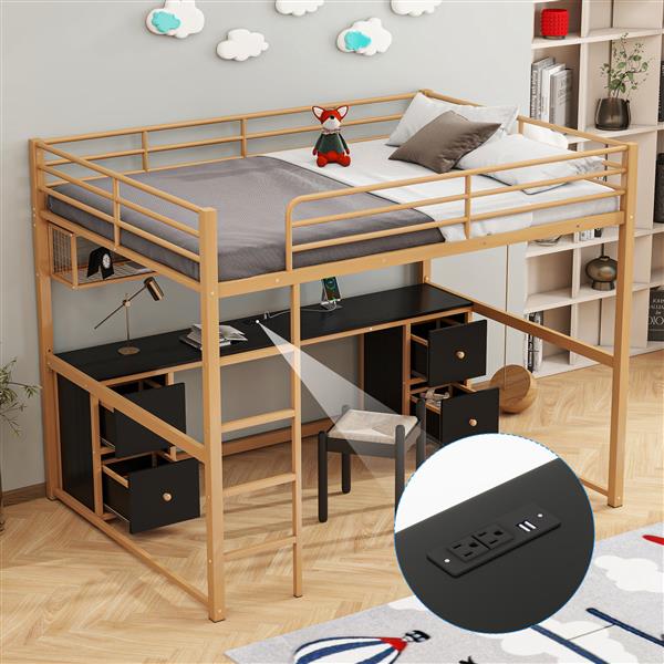 Full Size Metal Loft Bed with Desk, Drawers and Bedside Tray, Charging Station, USB and socket