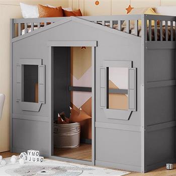 Twin Size House Loft Bed With Ladder-Gray