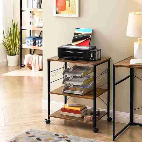 VASAGLE Kitchen Shelf on Wheels, Serving Cart with 3 Shelves, Kitchen Cart, Microwave Shelf, for Mini Oven, Toaster, with 6 Hooks, Industrial Style, Rustic Brown and Black 