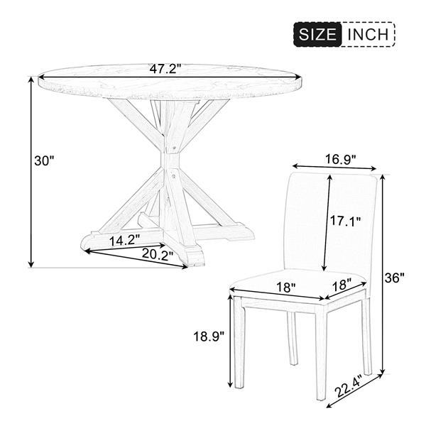 5-Piece Farmhouse Style Dining Table Set, Marble Sticker and Cross Bracket Pedestal Dining Table, and 4 Upholstered Chairs (White+Walnut)
