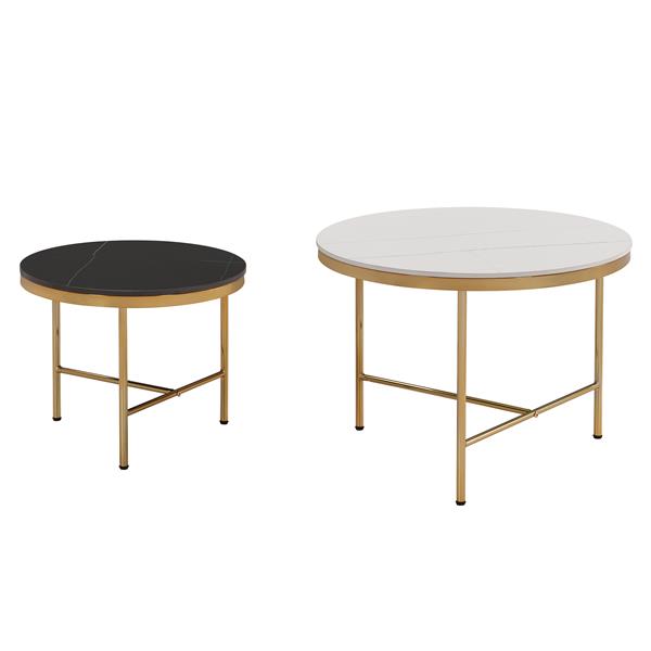 Modern Round Nesting Coffee Table Set 2-Piece Black & White Sintered Stone Top Gold Base in 23.6''&17.7''