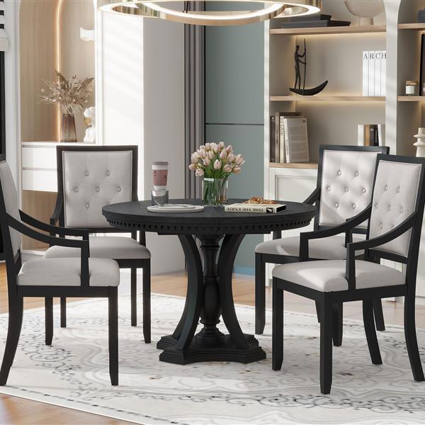 Retro 5-piece Dining Set Extendable Round Table and 4 Chairs for Kitchen Dining Room (BLACK OAK)