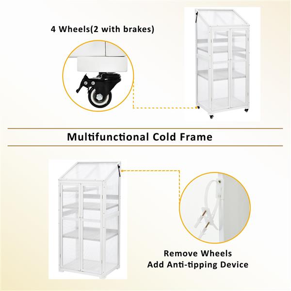 62inch Height Wood Large Greenhouse Balcony Portable Cold Frame with Wheels and Adjustable Shelves for Outdoor Indoor Use, White