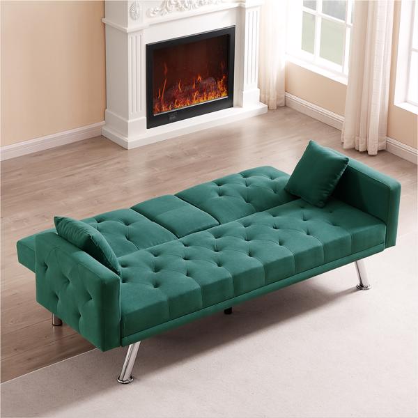 Dark Green Linen Convertible Sofa and Bed, Square Arm Armrests, Can Hold Water Cup, Two Pillow