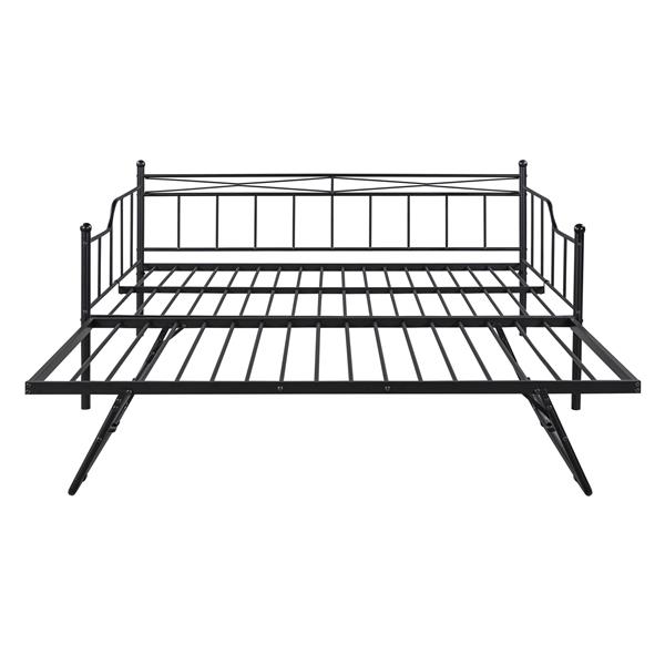 Full Size Metal Daybed with Twin Size Adjustable Trundle, Portable Folding Trundle, Black