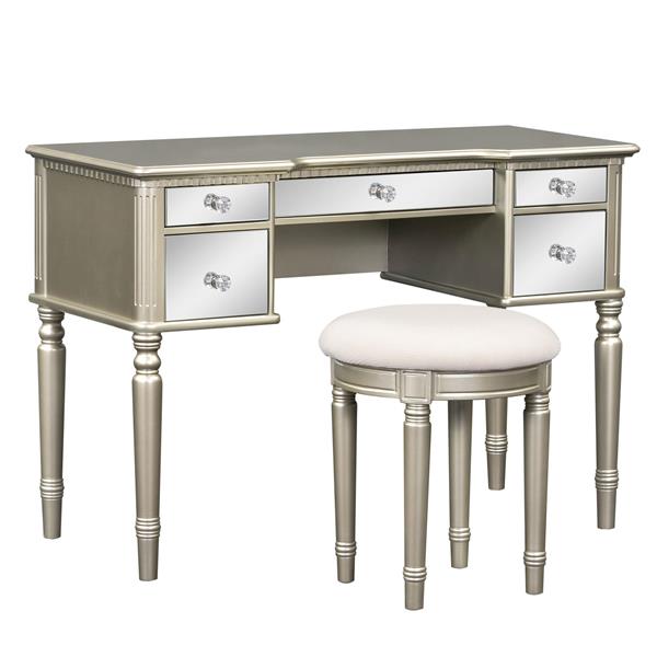 43" Dressing Table Set with Mirrored Drawers and Stool, Tri-fold Mirror, Makeup Vanity Set for Bedroom, Gold