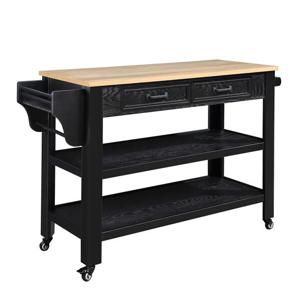 57 inch Rolling Kitchen Island with Storage,Kitchen Cart with Solid OAK Wood Top,Two-sided Kitchen island Cart on Wheels , Wine and Spice Rack, Large Kitchen Cart with 2 Drawers, Black+Natural Top