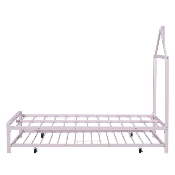 Twin Size Metal Platform Bed with twin size trundle,House-Shaped Headboard Design, Pink