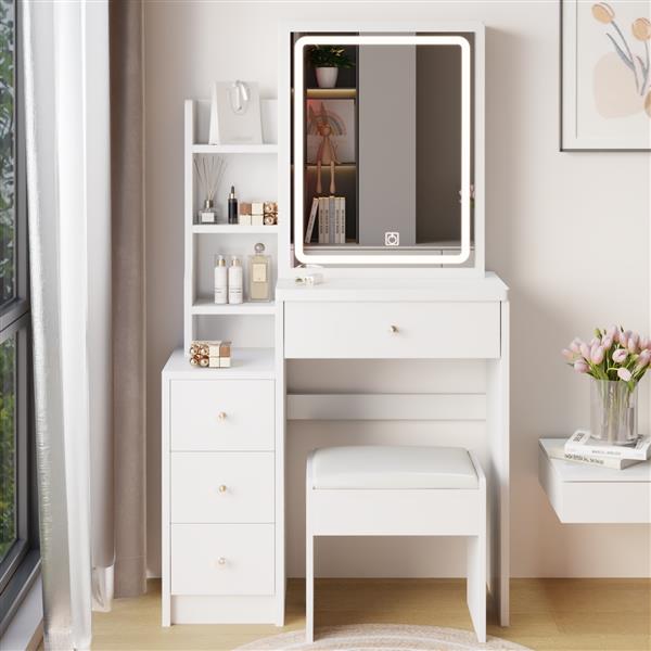 Small Size Left Bedside Cabinet Vanity Table + Cushioned Stool, Extra Large Touch Control Sliding LED Mirror, Tri-color Switching, Brightness Adjustable, Suitable for Girls No More Than 5.6ft Tall