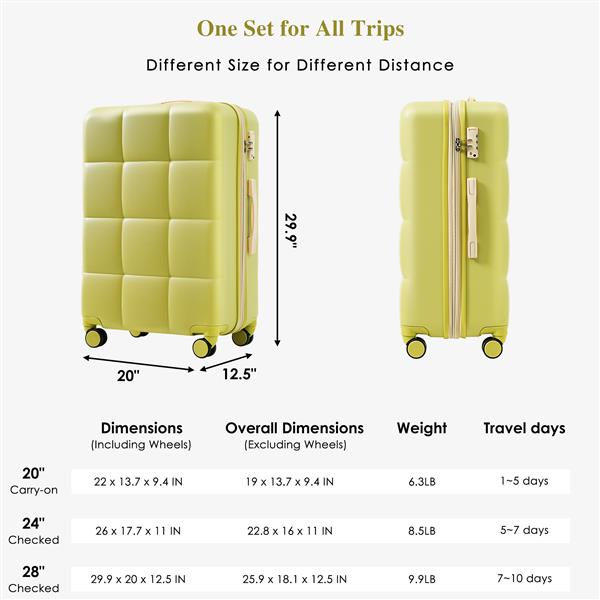 Luggage Set of 3, 20-inch with USB Port, Airline Certified Carry-on Luggage with Cup Holder, ABS Hard Shell Luggage with Spinner Wheels, olive yellow 