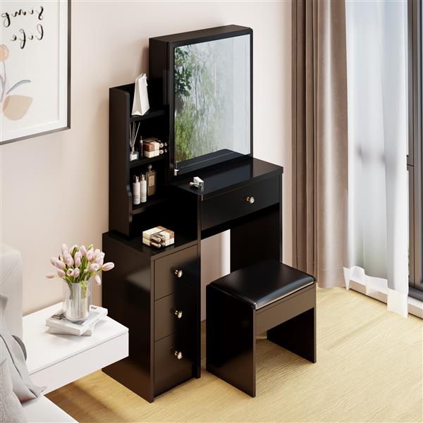 Small Space Left Bedside Cabinet Vanity Table + Cushioned Stool, Extra Large Right sliding mirror, Multi Layer High Capacity Storage, Practical Fashionable Dresser, Suitable for Girls Up to 5.6ft Tall