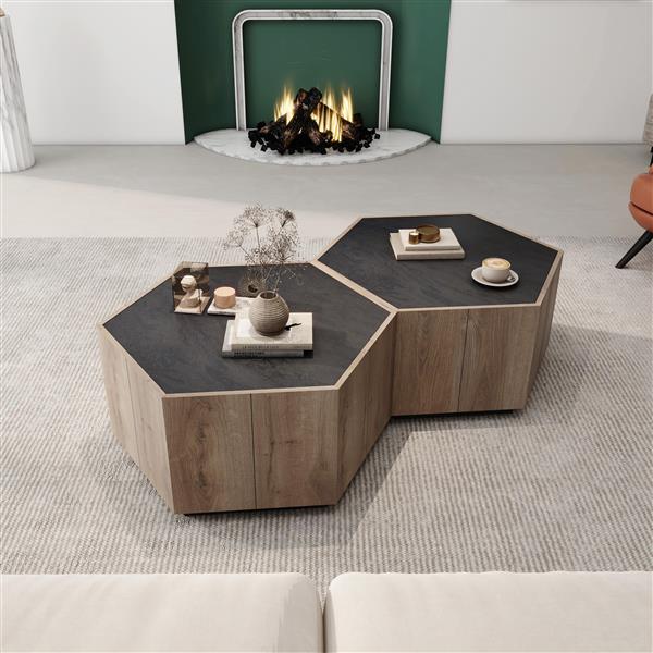 Rural Style Garden Retro Living Room Coffee Table with 2 drawers, Textured Black + Warm Oak