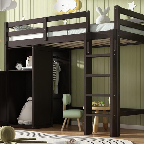 Twin Loft Bed with Wardrobe, Storage Shelves and Ladder, Espresso