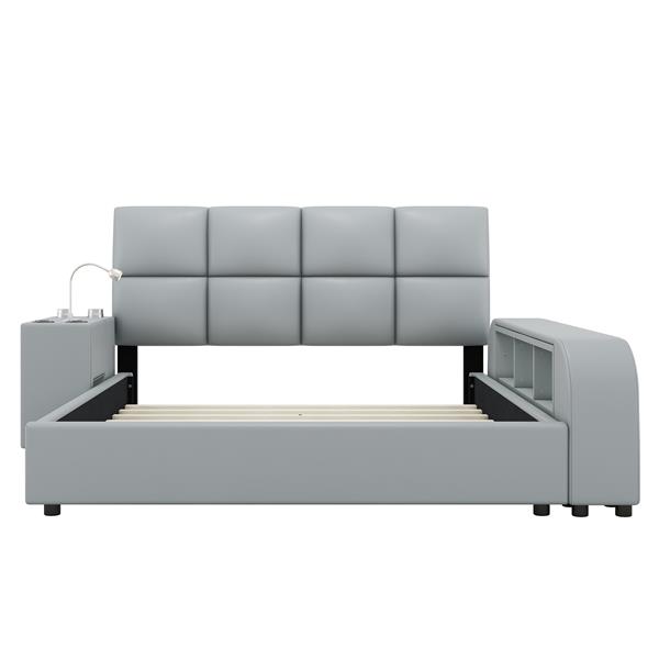 Queen Size Upholstered Platform Bed with Multimedia Nightstand and Storage Shelves, Gray