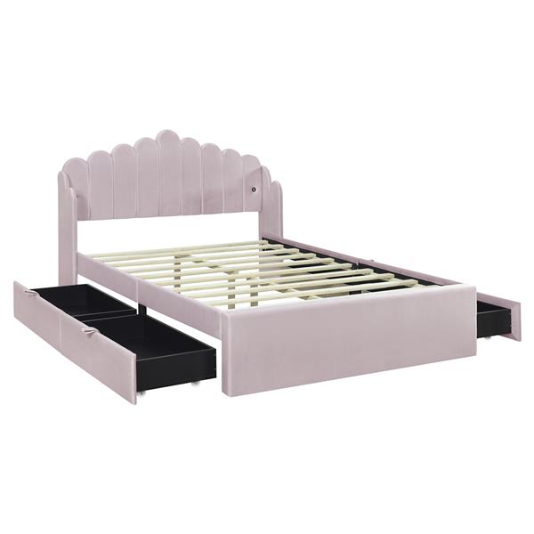 Full Size Upholstered Platform Bed with 4 Drawers and 2 USB, Pink