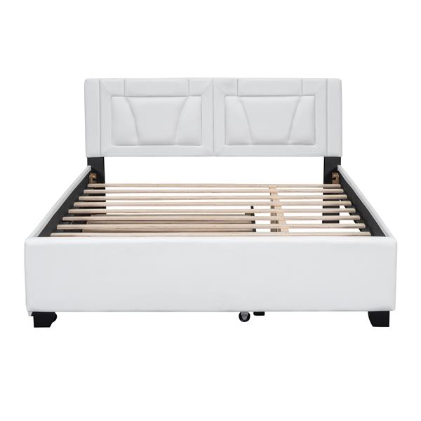 Queen Size Upholstered Platform Bed with Headboard and Twin Size Trundle, White