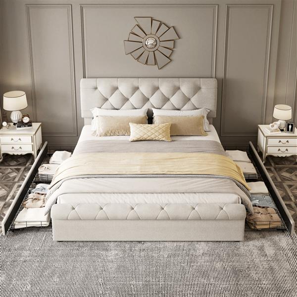 Full size Upholstered Platform bed with Four Drawers, Antique Curved Headboard, Linen Fabric, Beige (without mattress)