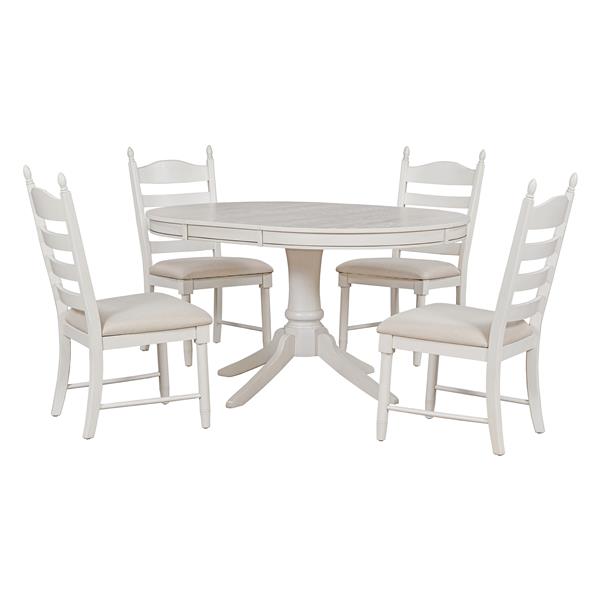 5-Piece Retro Functional Dining Table Set Wood Round Extendable Dining Table and 4 Upholstered Dining Chairs (Antique White)