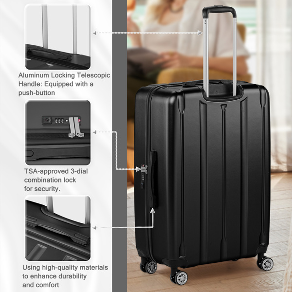 FCH 3-in-1 Set Vertical Stripe ABS&PC Trolley Case 20in 24in 28in ABS PC Classic Color 02-Black