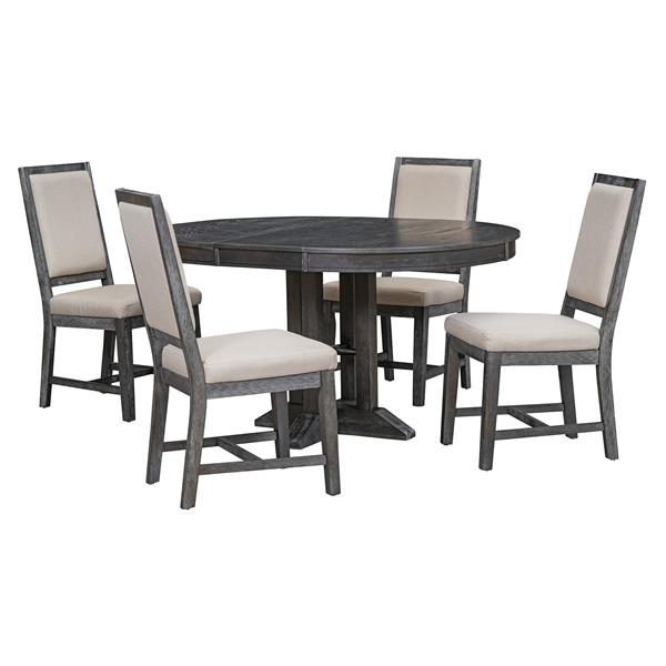 5-Piece Dining Set Extendable Round Table and 4 Upholstered Chairs Farmhouse Dining Set for Kitchen, Dining Room(Black)