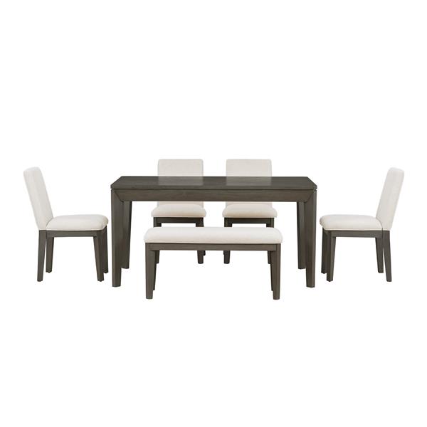 6-Piece Dining Table Set with Upholstered Dining Chairs and Bench,Farmhouse Style, Tapered Legs, Dark Gray+Beige