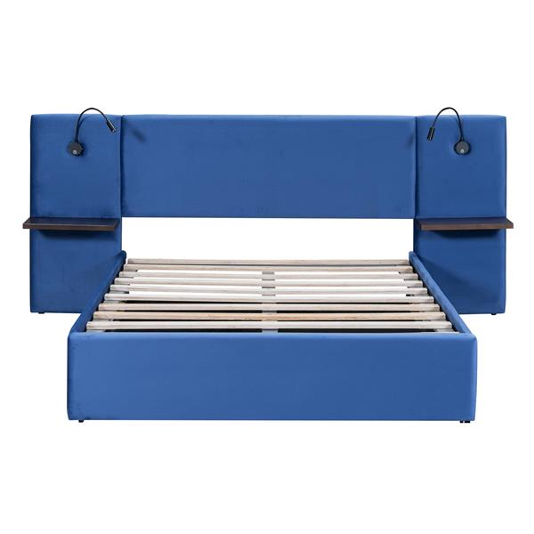 Full Size Storage Upholstered Hydraulic Platform Bed with 2 Shelves, 2 Lights and USB, Blue