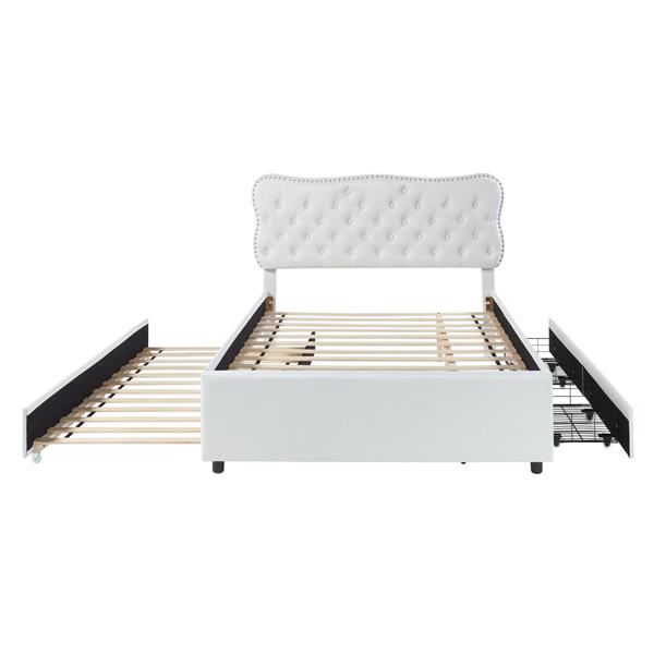 Queen Size Upholstery Platform Bed with Storage Drawers and Trundle,White