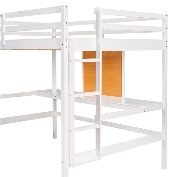 Twin size Loft Bed with Desk and Writing Board, Wooden Loft Bed with Desk & 2 Drawers Cabinet- White