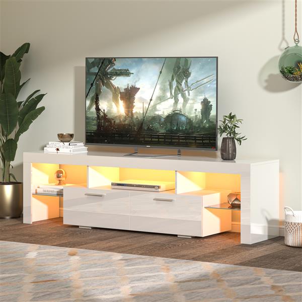 FashionTVstandTVcabinet,EntertainmentCenter,TVstationTV console,media console,with LEDlight belt,light belt remote control,toughenedglassshelf,metal handle,Canbeplaced in the living room,bedroom,White