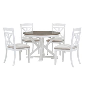 5-Piece Retro Functional Dining Table Set Extendable Round Table and 4 Upholstered Chairs for Dining Room and Living Room (Brown+Antique White)