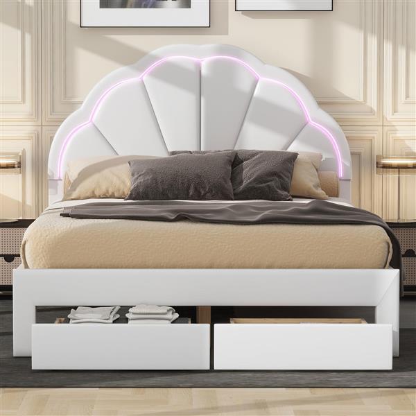 Full Size Upholstered Platform Bed with Seashell Shaped Headboard, LED and 2 Drawers, White