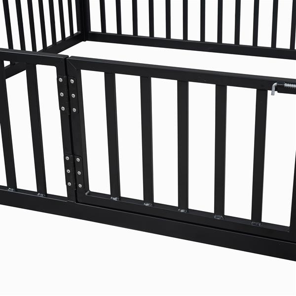 Full Size Metal House Bed with Fence and Door, Black