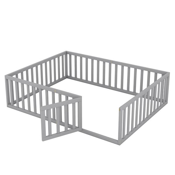 Queen Size Wood Floor Bed Frame with Fence and Door, Gray