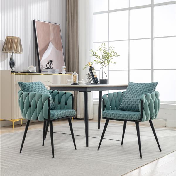 Blue Modern Velvet Dining Chairs Set of 2 Hand Weaving Chairs Living Room Chairs Upholstered Side Chair with Black Metal Legs for Dining Room Kitchen Vanity Living Room