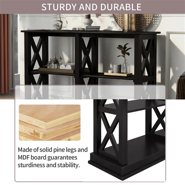 Console Table with 3-Tier Open Storage Spaces and "X" Legs, Narrow Sofa Entry Table for Living Room, Entryway and Hallway (Black)