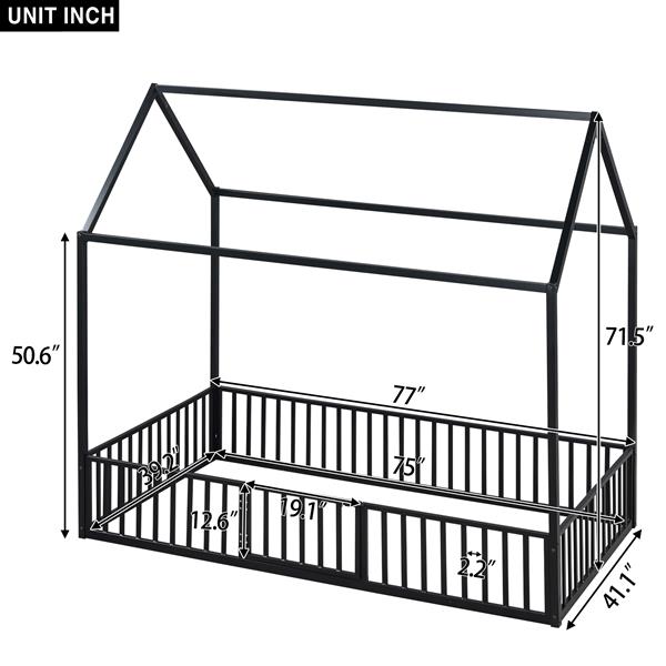 Twin Size Metal House Bed with Fence and Door, Black