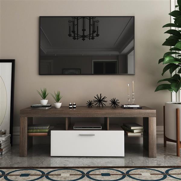 20 minutes quick assembly brown simple modern TV  stand with the toughened glass shelf Floor cabinet Floor TV wall cabinet Brown + whiteTV bracket  with LED Color Changing Lights for Living Room