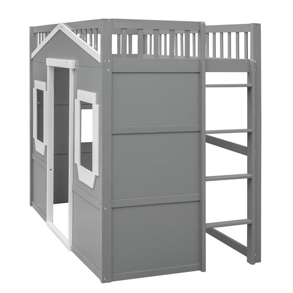 Twin Size House Loft Bed With Ladder-Gray+White Frame